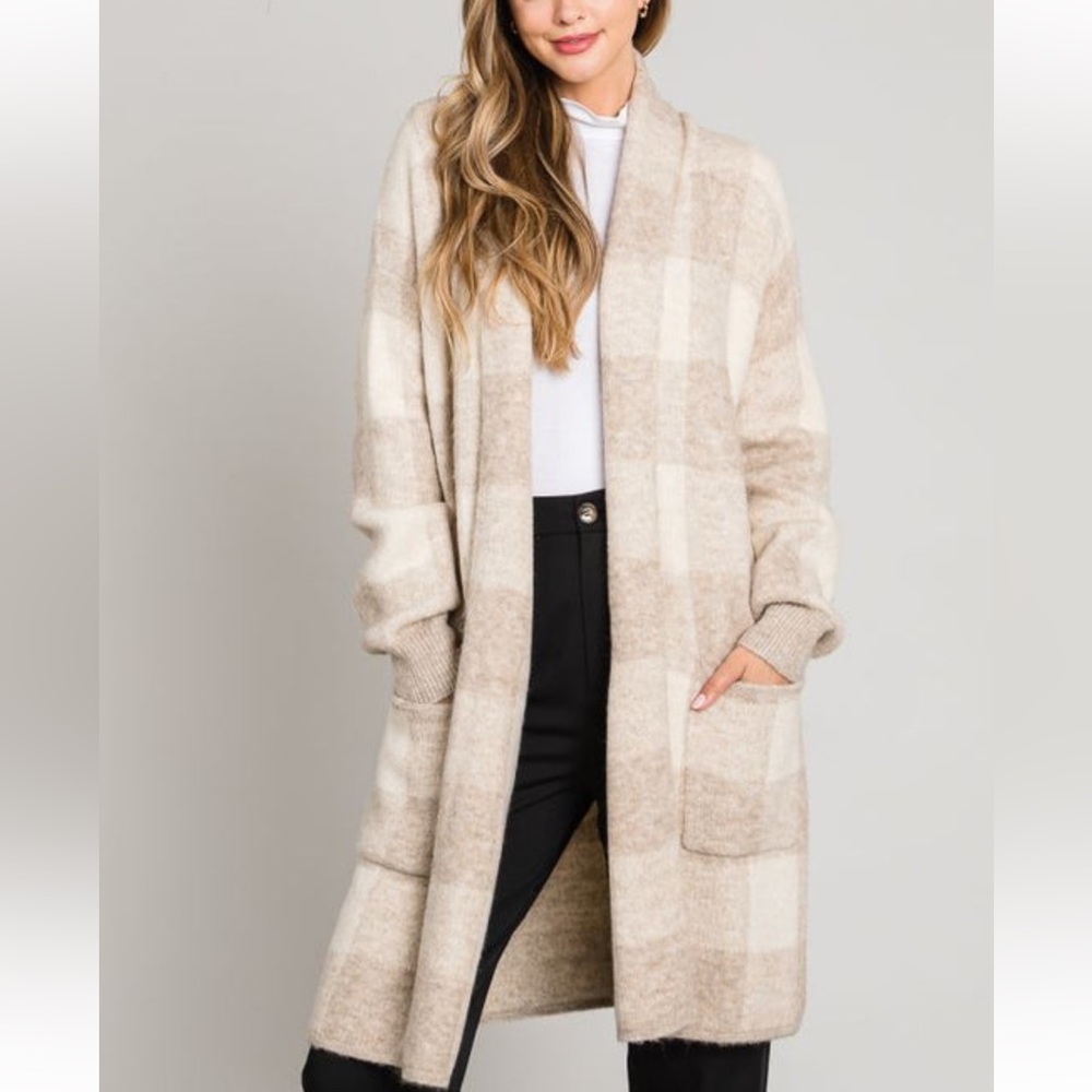 Cream and Tan Cardigan Sweater Cozy Knit